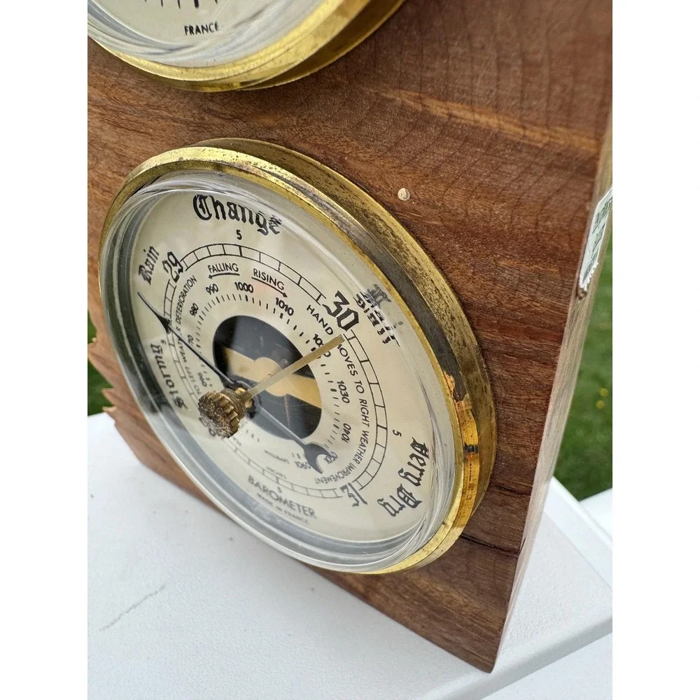 Charles Elkan Rough Burl Wood Signed Vintage Desk Clock Barometer Handmade MCM